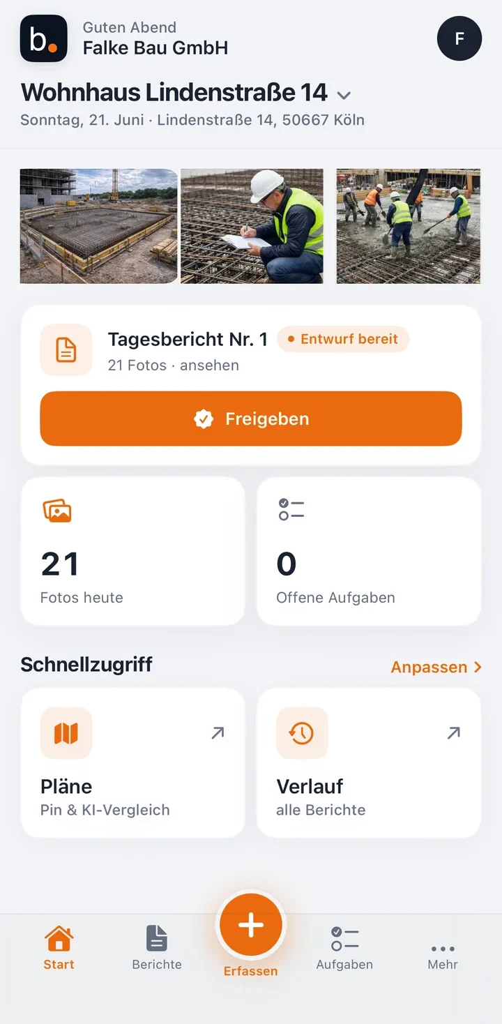 iPhone-App: Baustellen-Startbildschirm