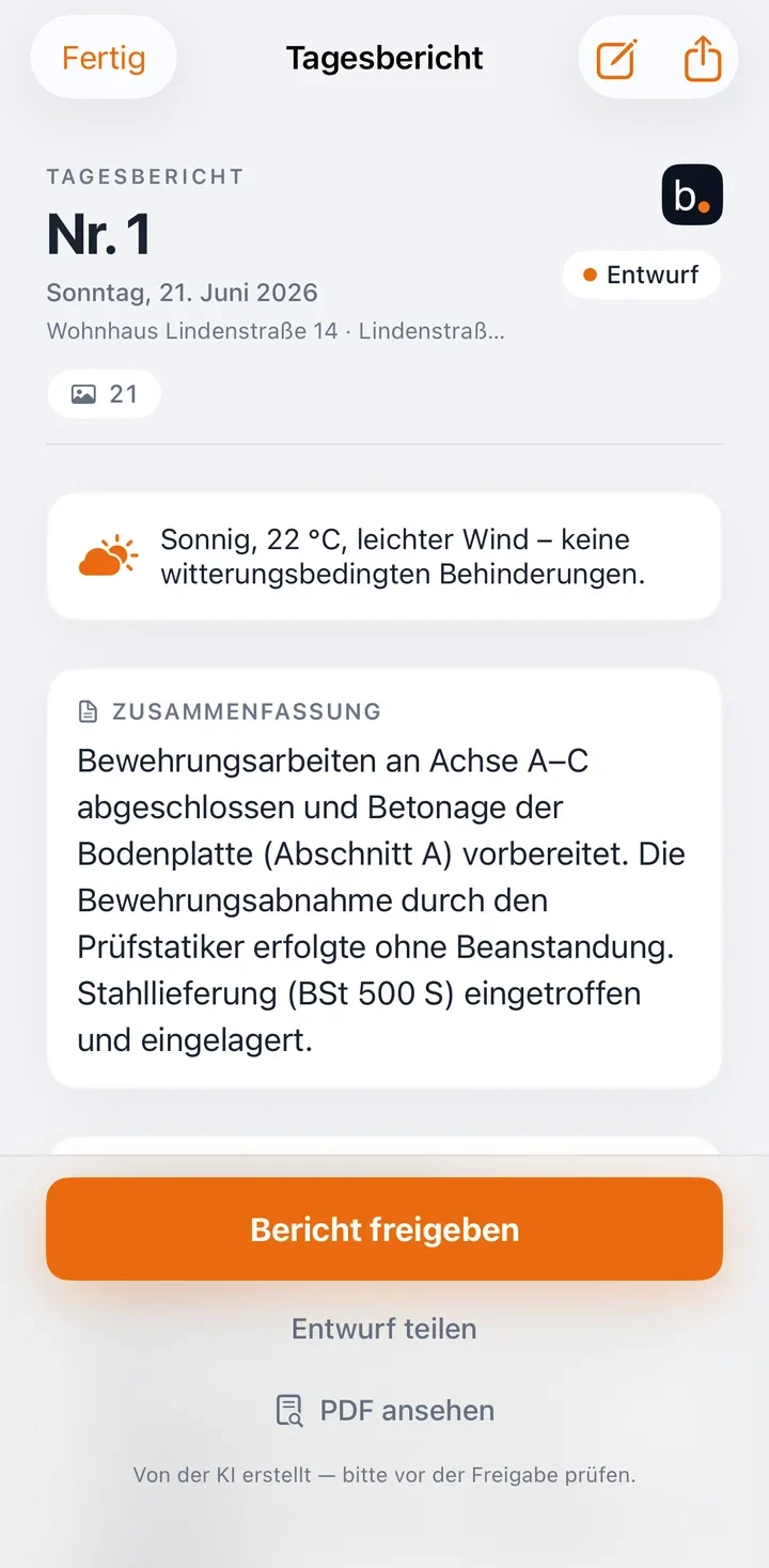 App-Screen: Tagesbericht zur Freigabe
