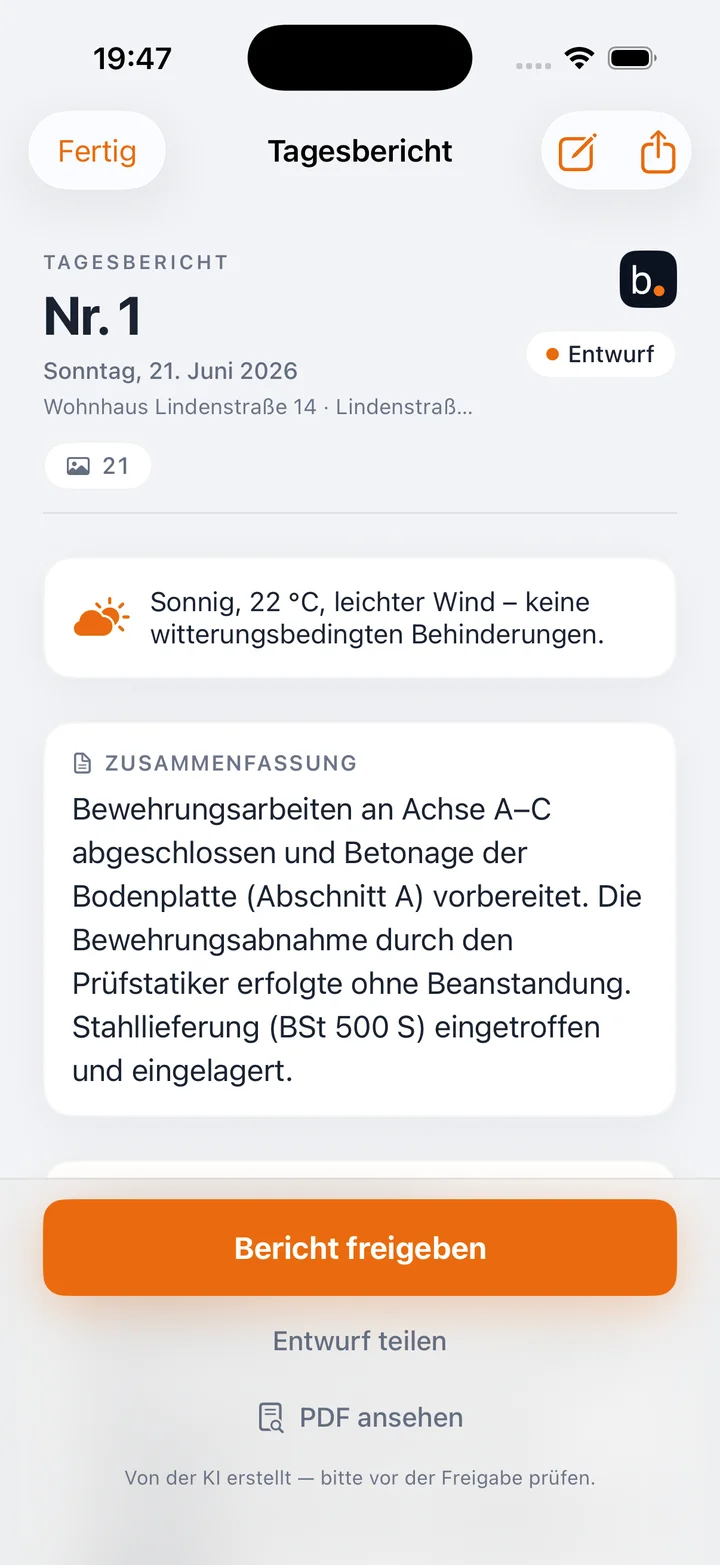 bautagebuch-App mit Tagesbericht, automatisch erstellter Zusammenfassung, Wetter und Freigabe
