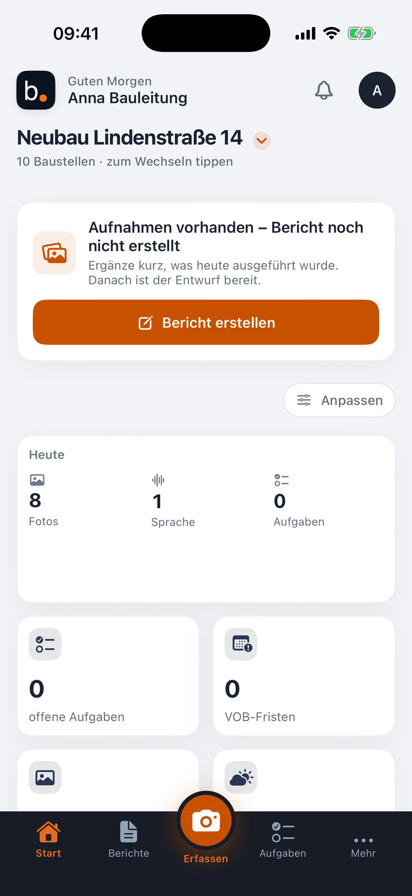 Bautagebuch.org auf dem iPhone: echte native App mit Beispieldaten.